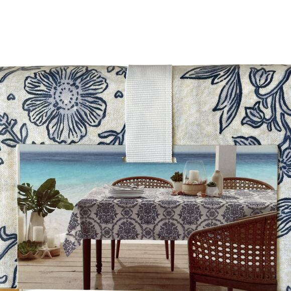 Lillian August Floral Easy Care Indoor Outdoor Tablecloth 60x120 Blue White NEW - Picture 3 of 15